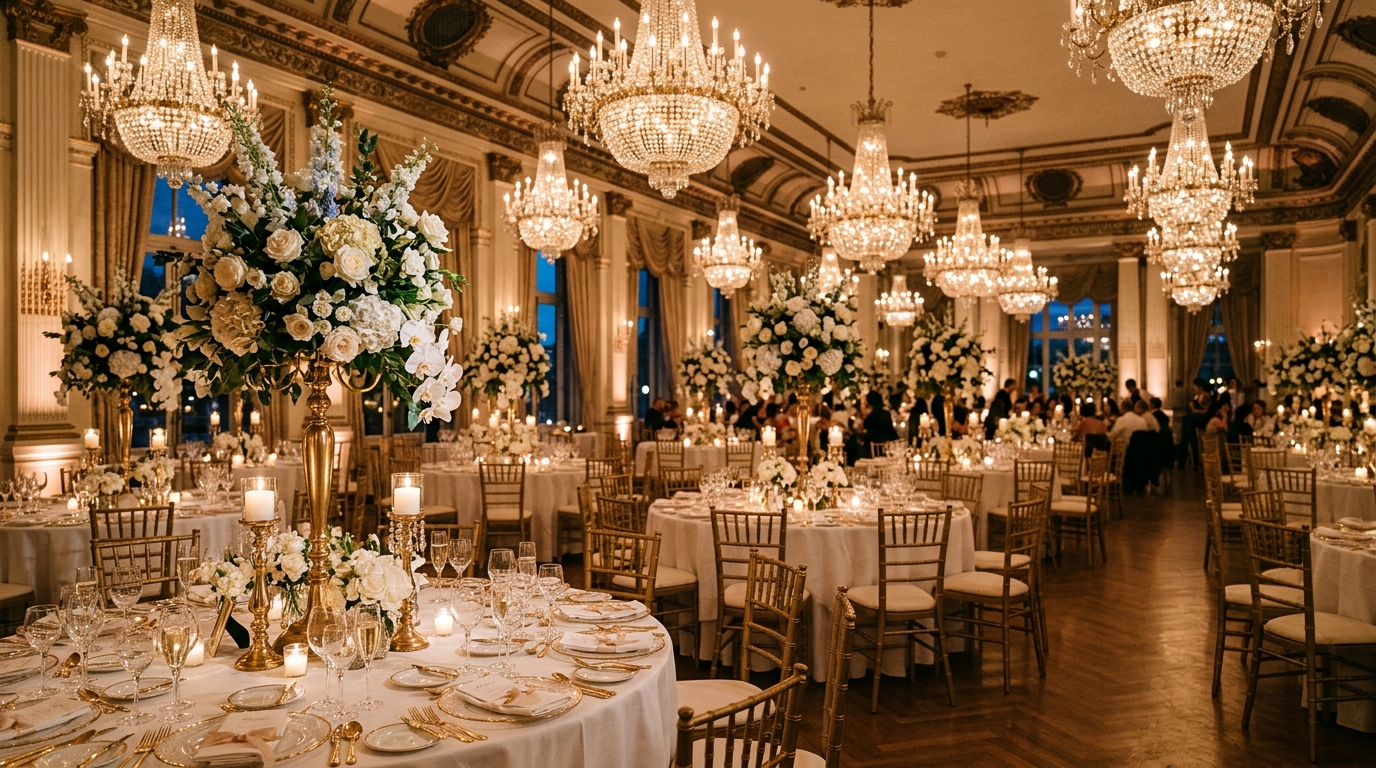 Luxury ballroom set for a wedding dinner with crystal chandeliers, white linen, and gold candelabras