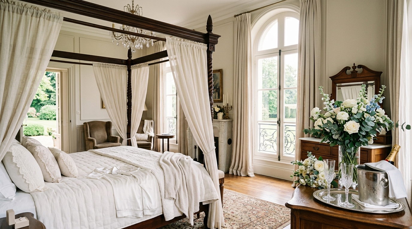 Luxury bridal suite with a four-poster bed, flowers, and champagne