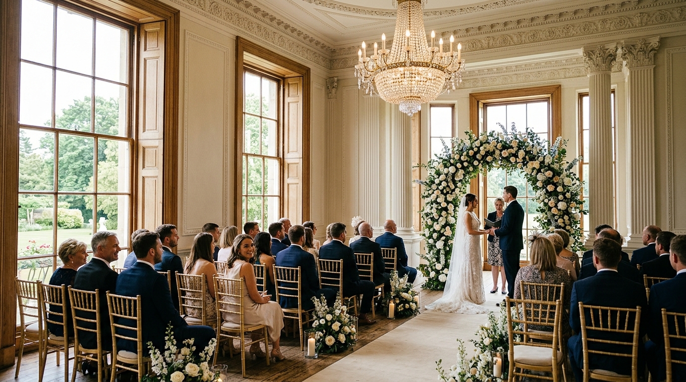 Elegant chandeliered ceremony room with tall windows and guests seated for a wedding