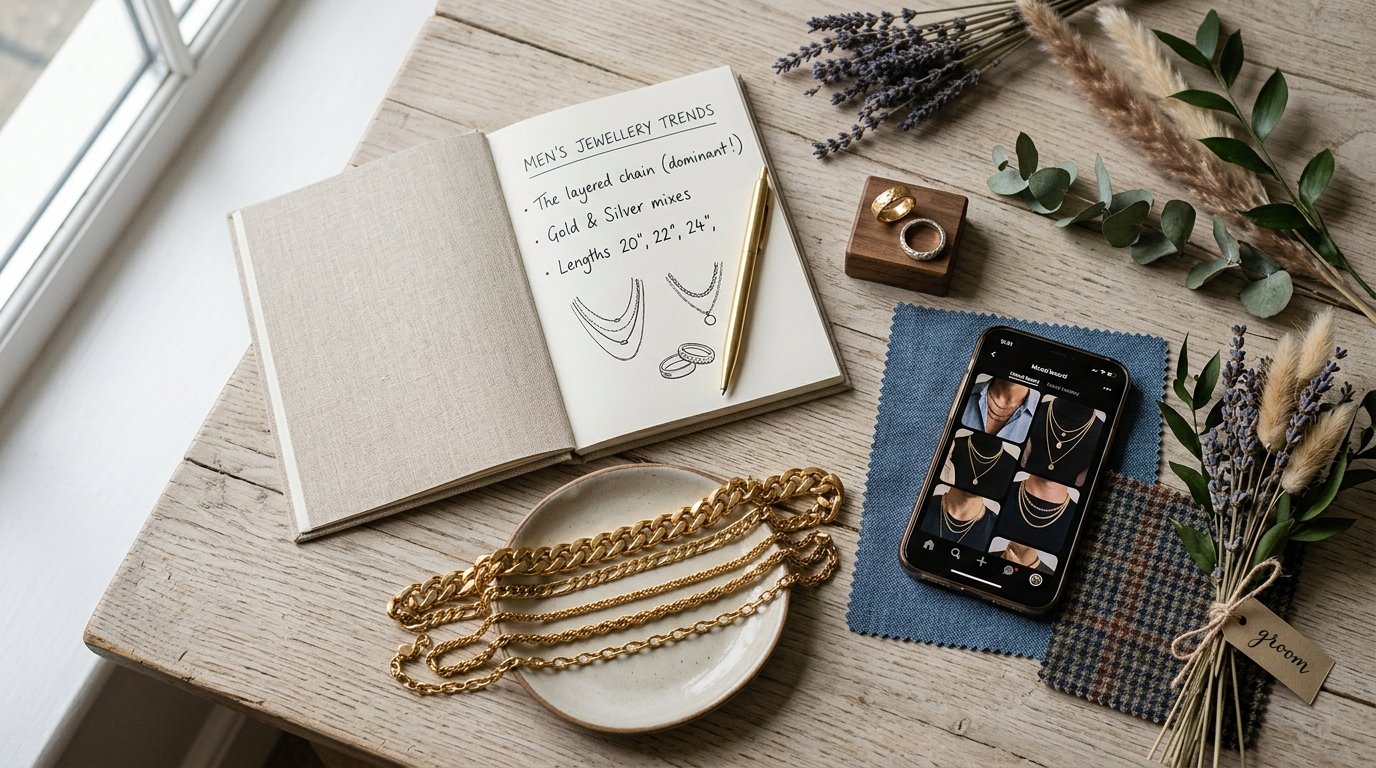 Men's Wedding Jewellery: Chains, Rings & Bracelets — The layered chain: the dominant trend, editorial photography for Weddings Hub