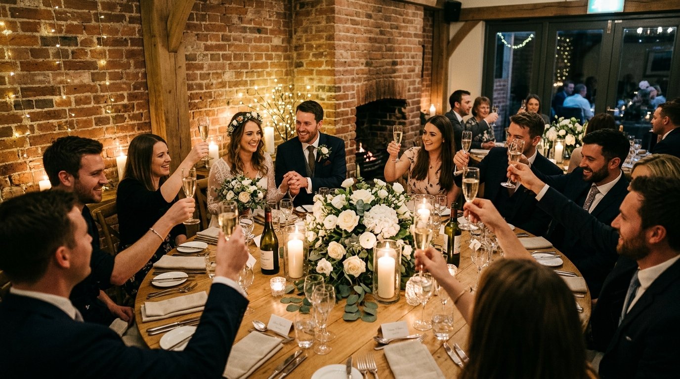 Intimate restaurant wedding for 12 guests, private dining room with elegant floral centrepiece and candlelight
