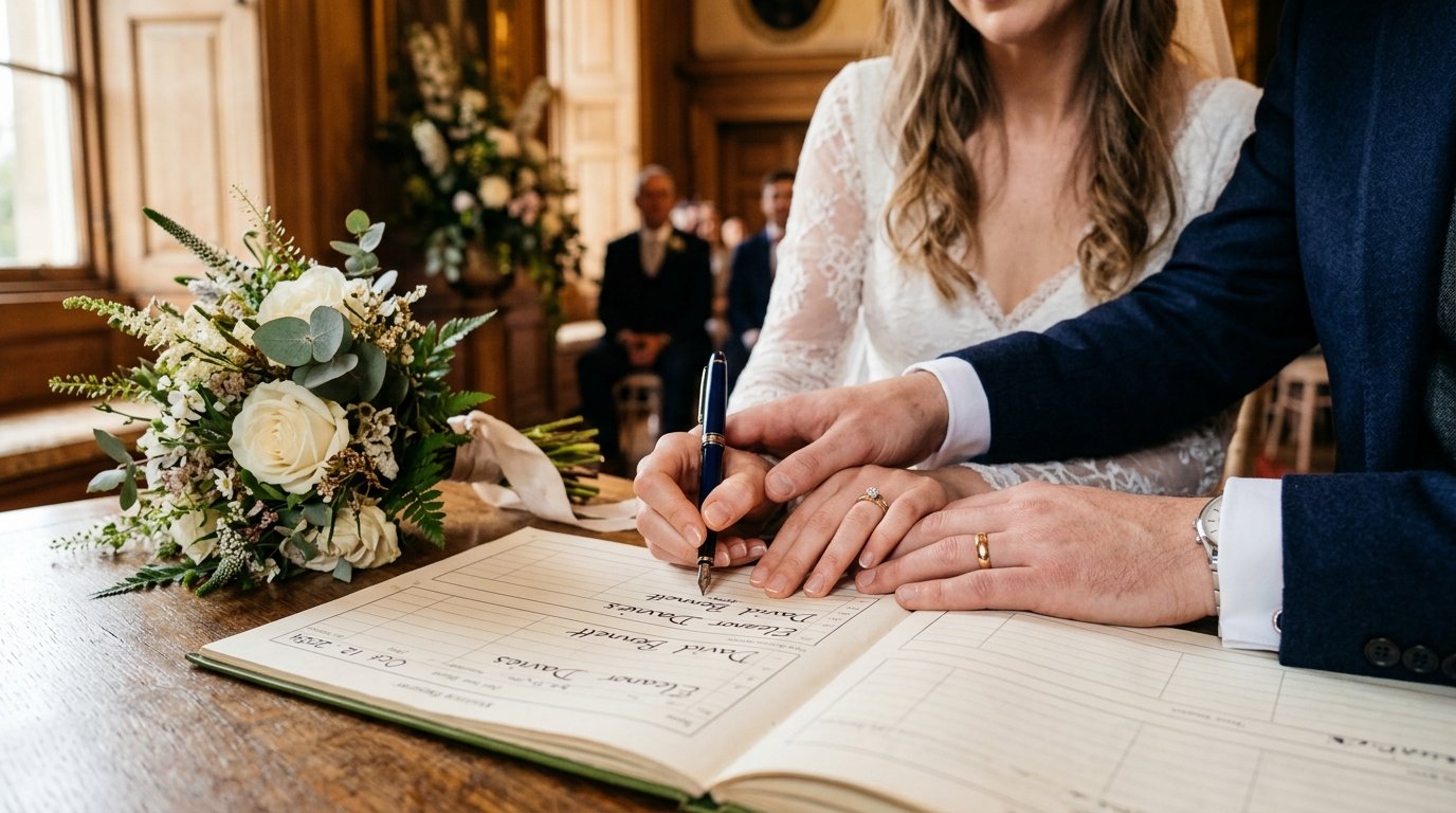 Couple signing the wedding register together, close-up of hands on pen and paper with rings visible