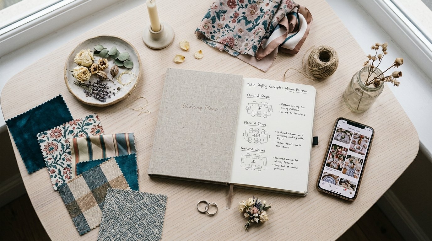 Mixed-Pattern Table Linens: How to Clash Without Chaos — Which patterns mix well, editorial photography for Weddings Hub