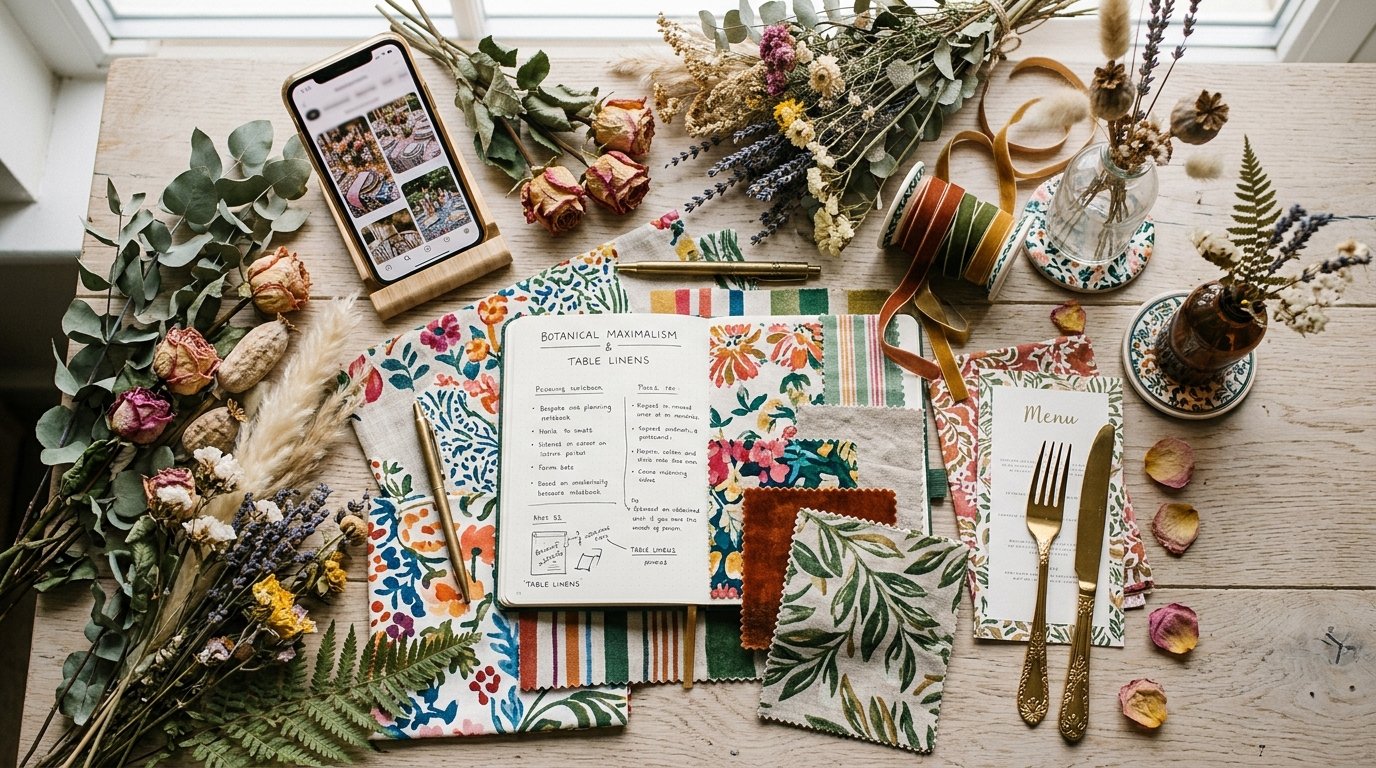 Mixed-Pattern Table Linens: How to Clash Without Chaos — How it fits with botanical maximalism, editorial photography for Weddings Hub