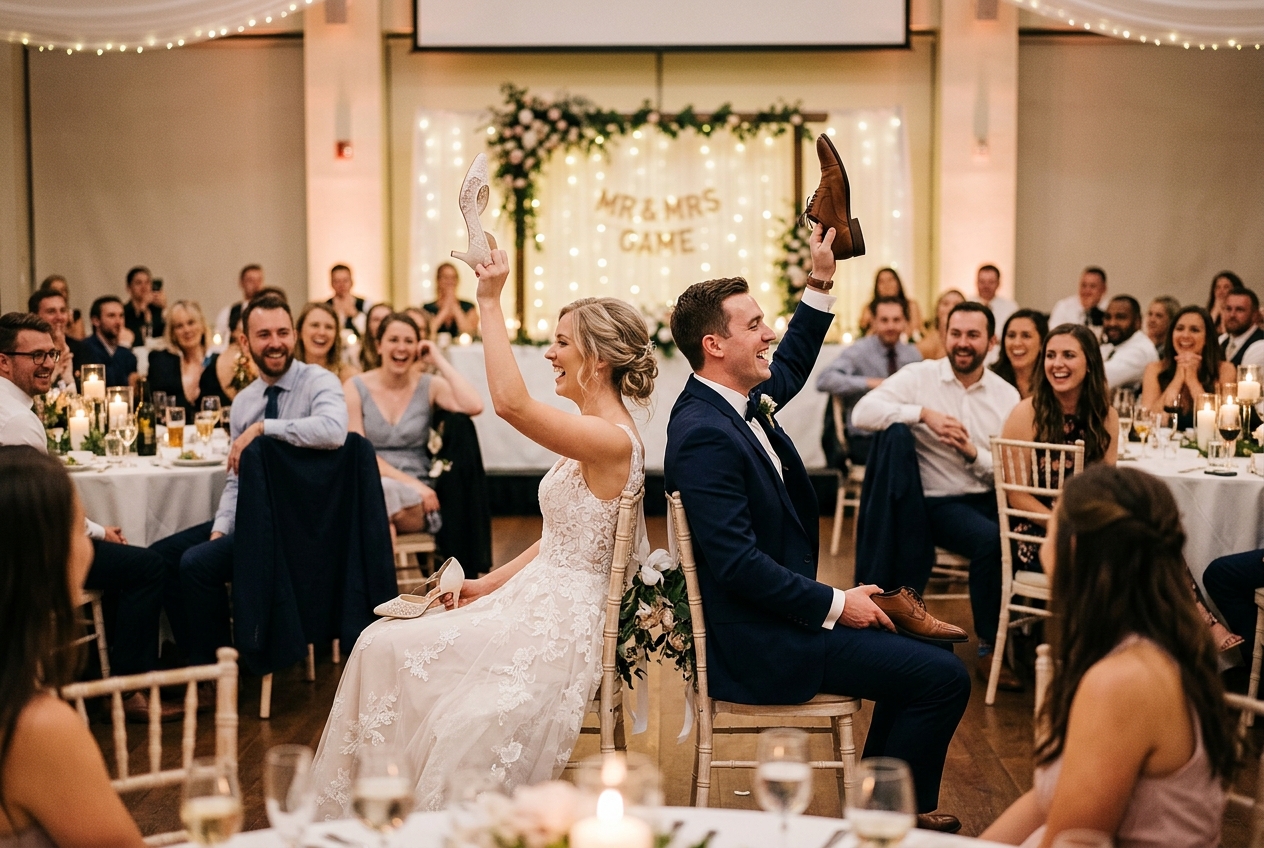 Bride and groom playing Mr and Mrs at their reception, back to back holding answer shoes, guests laughing