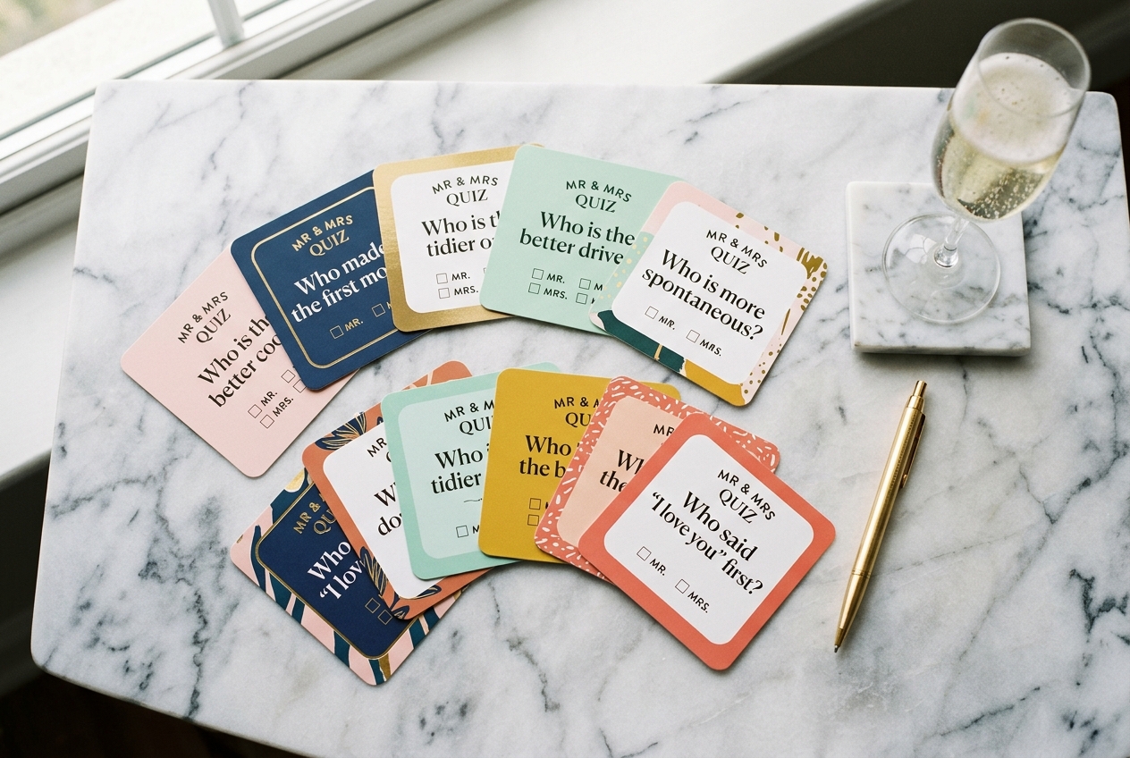 Printed Mr and Mrs question cards arranged in a fan, prosecco glass, marble surface, bright light