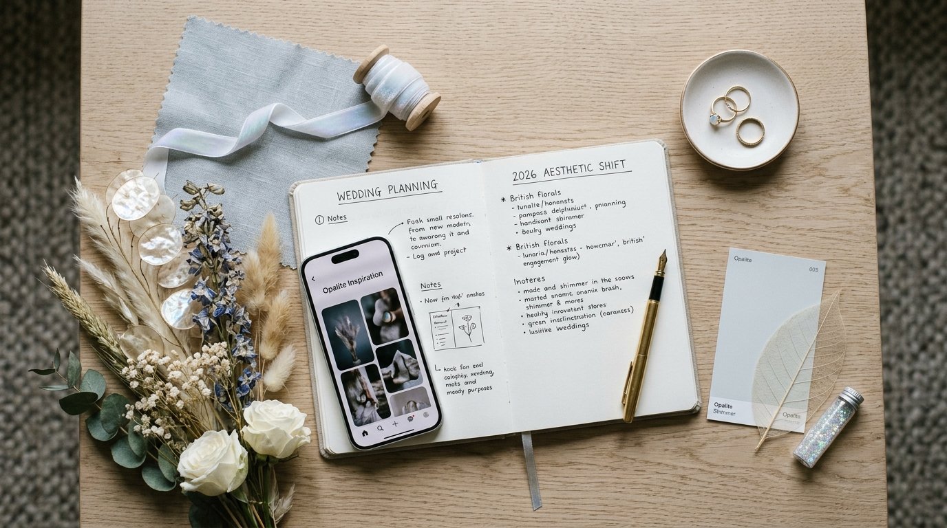 Opalite Weddings: The Iridescent UK Trend Up 2,710% — How the opalite trend fits 2026's broader aesthetic shift, editorial photography for Weddings Hub