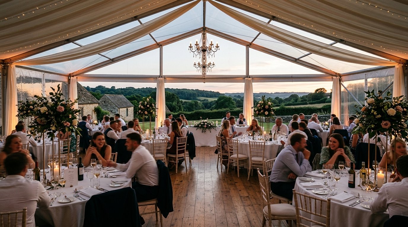 Clear-span marquee with transparent walls showing countryside views, chandeliers, and elegant table settings
