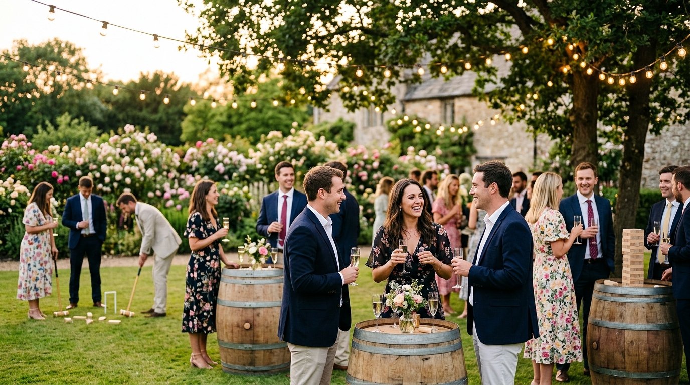 Outdoor drinks reception with festoon lights, guests holding champagne, and summer evening warmth
