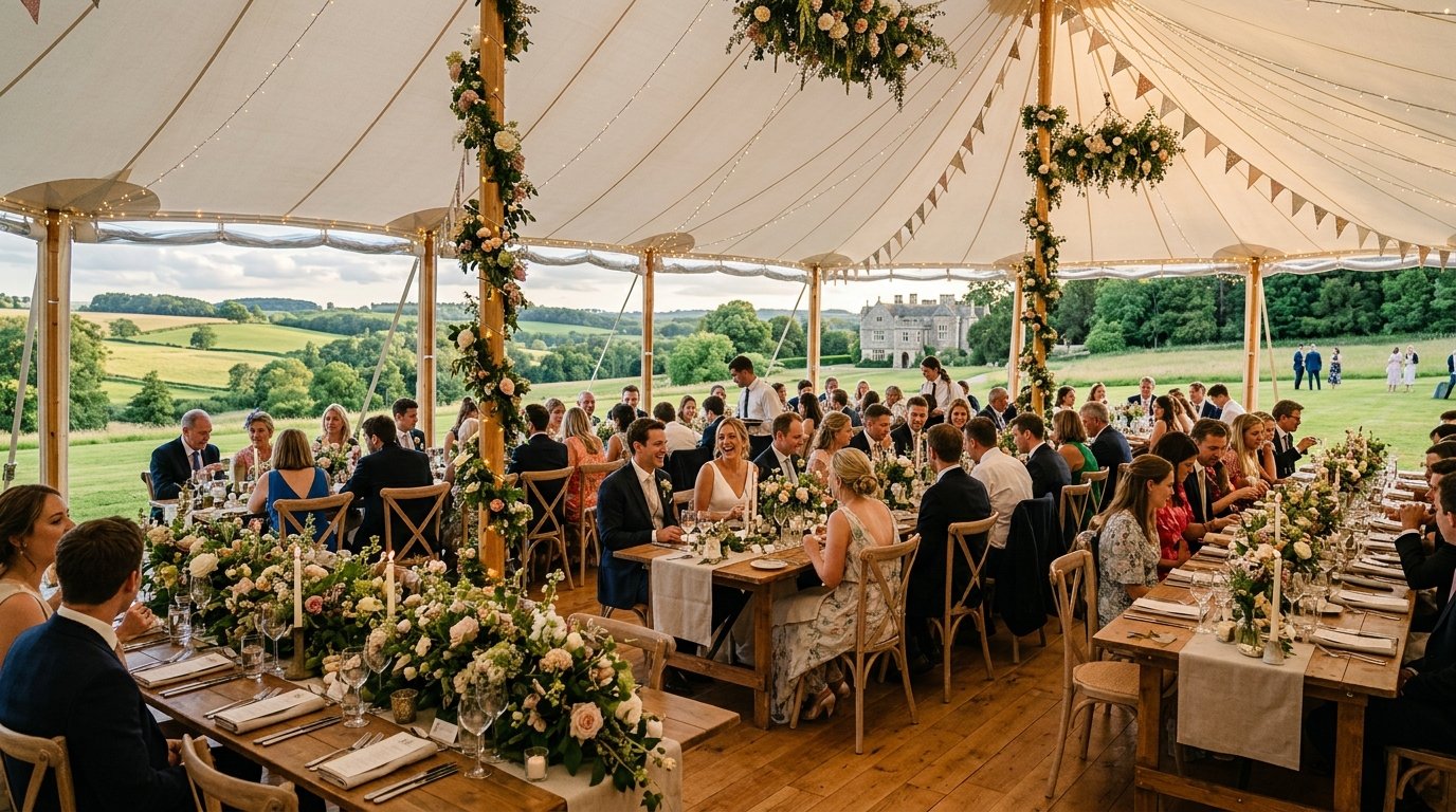 Elegant marquee wedding reception on an English country estate with open sides and fairy lights