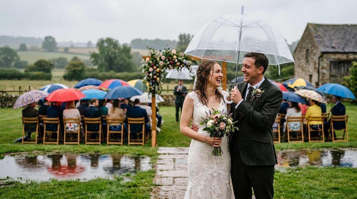 Rainy outdoor wedding with couple under a clear umbrella, guests with colourful umbrellas behind