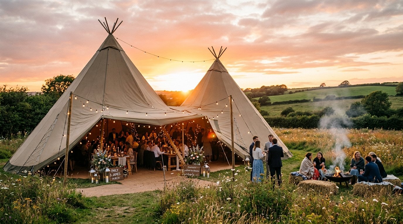 Tipi wedding at sunset in English countryside with festoon lights and wildflower meadow