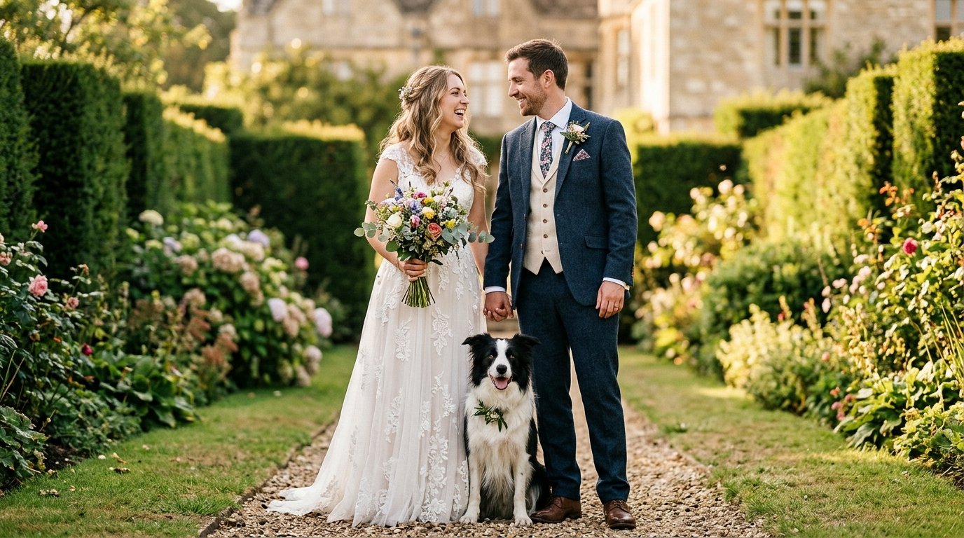 Bride and groom portrait with their dog in an English country house garden at golden hour
