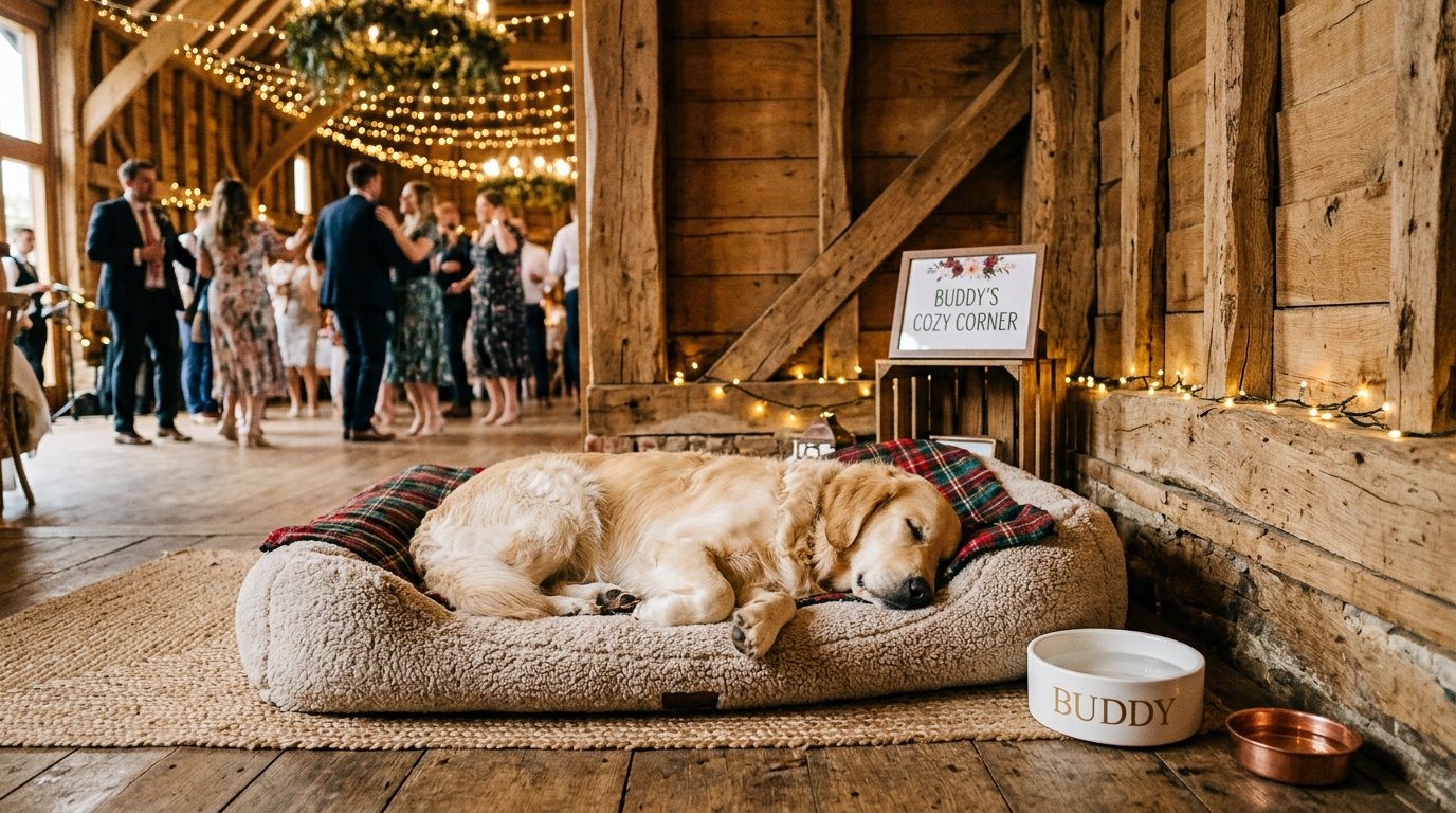 Cosy dog bed set up in corner of a barn wedding reception with fairy lights and dancing guests in background