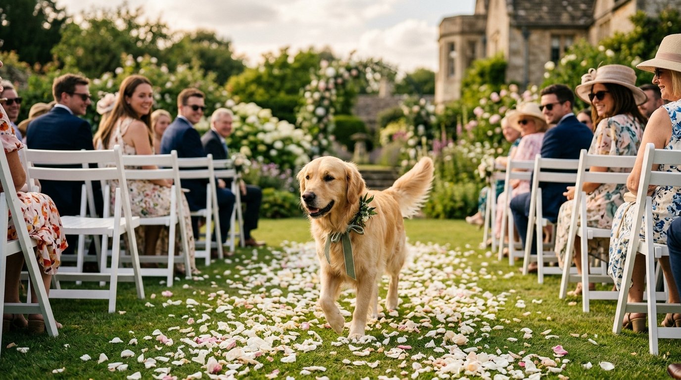 Dog with ribbon collar walking down the aisle at an English country garden wedding ceremony