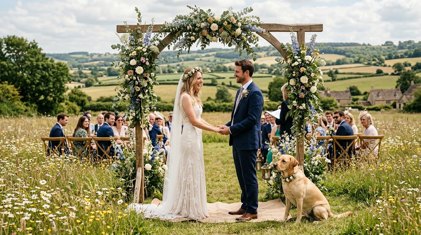 Couple and their dog at an outdoor countryside wedding ceremony with wildflower meadow and rustic arch