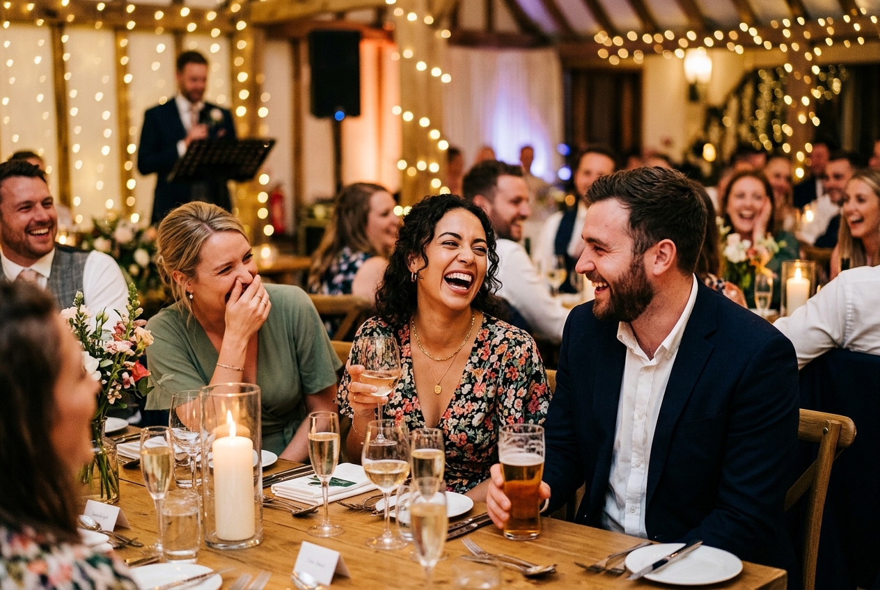 Candid moment at a wedding reception, guests laughing during speeches, warm ambient lighting
