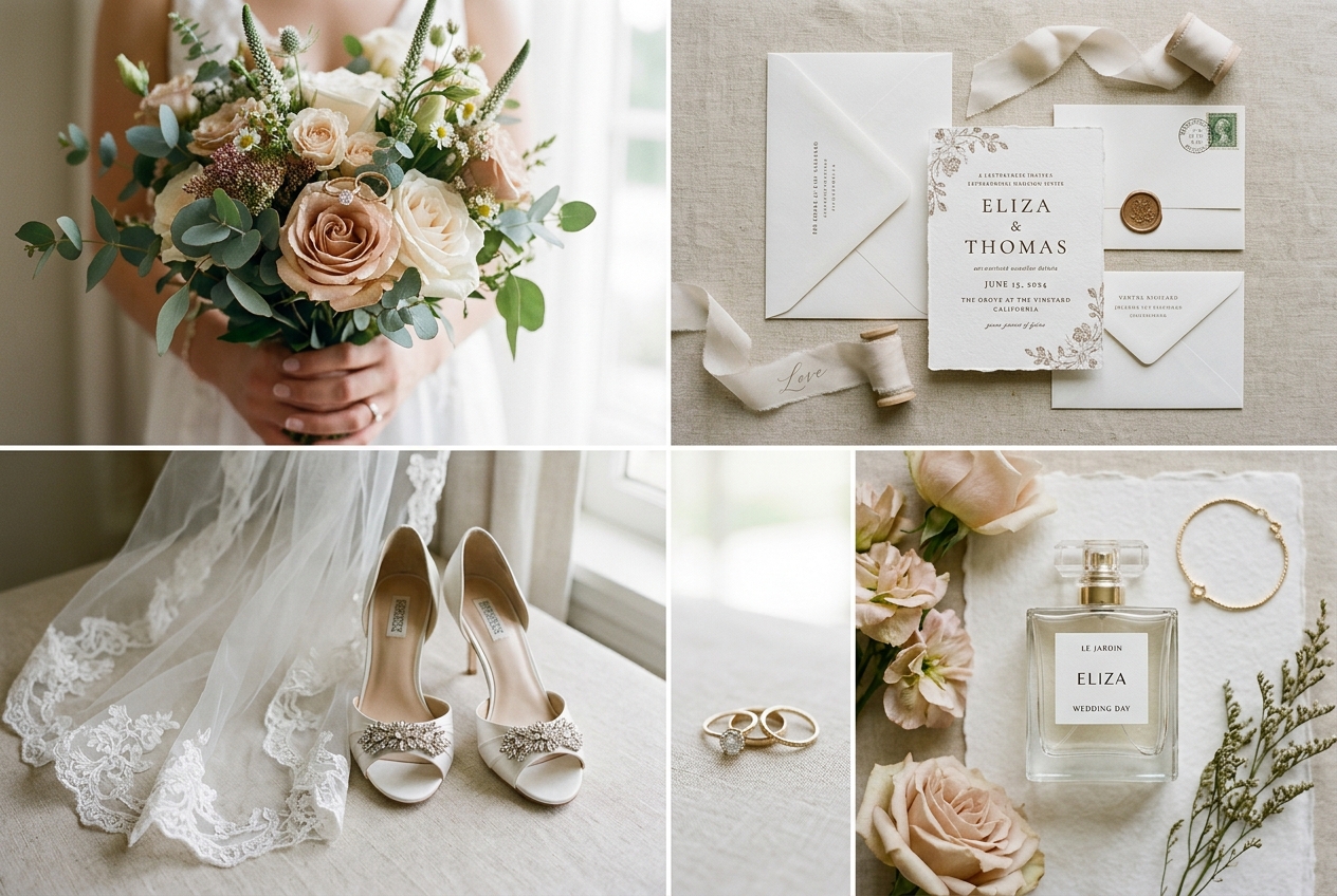 Collection of wedding detail shots — rings on bouquet, shoes beside veil, invitation suite
