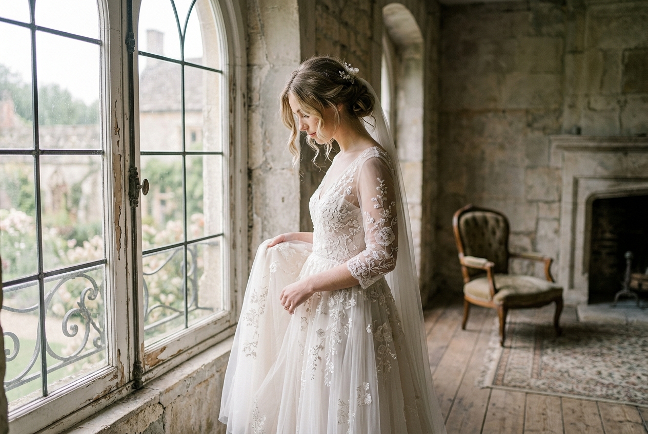 Fine art wedding photo, bride by a window, soft diffused light, ethereal painterly quality, muted tones