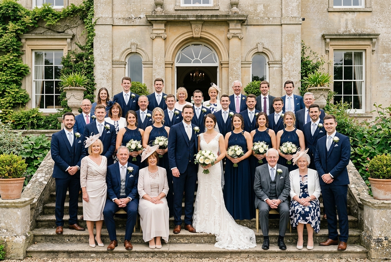 Traditional formal wedding group photo on country house steps, three rows, everyone smiling at camera