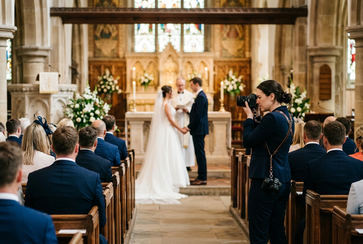 Photographer discreetly capturing the ceremony from the side aisle, couple at altar, natural light