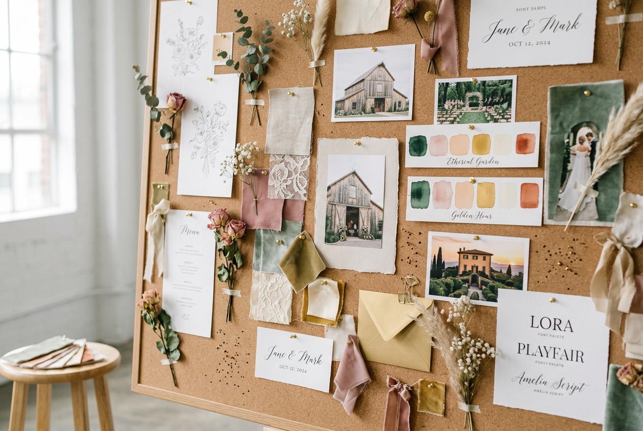 Wedding mood board on cork board — fabric swatches, flower samples, venue photos, colour palette strips