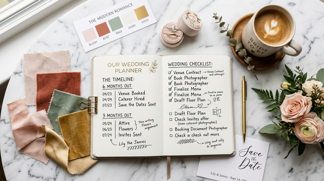 Open wedding planning notebook with timeline and checklist, fabric swatches, colour cards, ring box, coffee