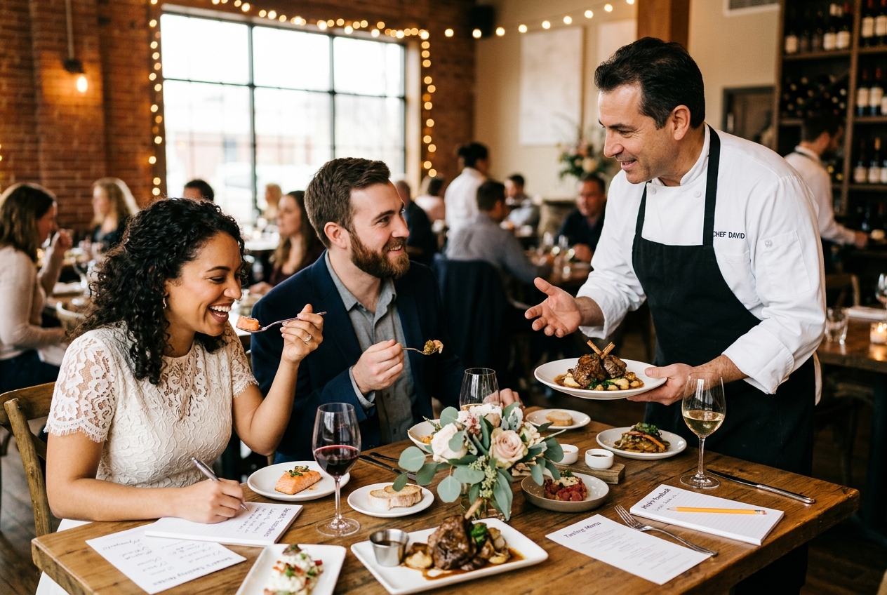 Couple at a food tasting, sampling dishes, chef presenting, notepads and tasting notes