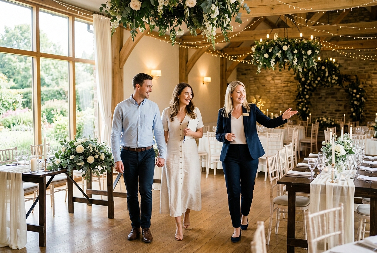 Engaged couple touring a wedding venue with a coordinator, walking through a decorated room