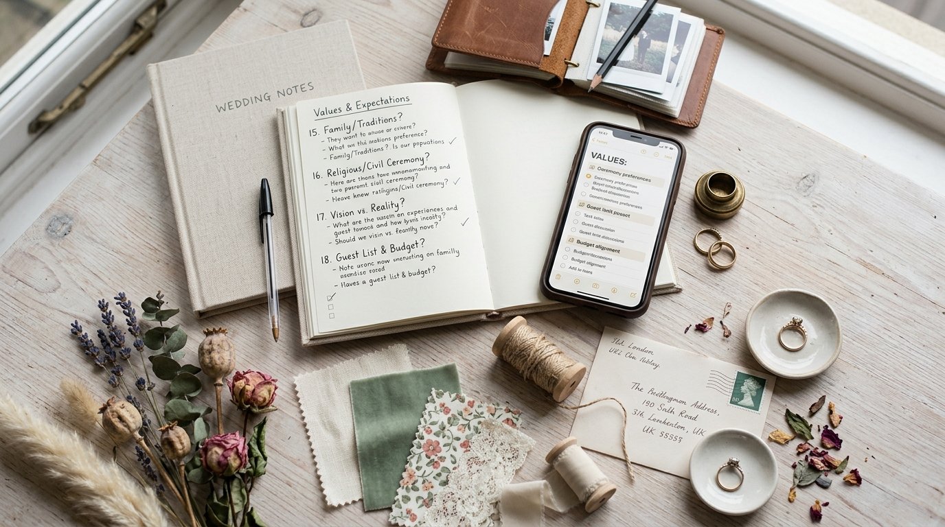 18 Questions to Ask Before Saying Yes to the Engagement — Values and expectations (questions 15-18), editorial photography for Weddings Hub