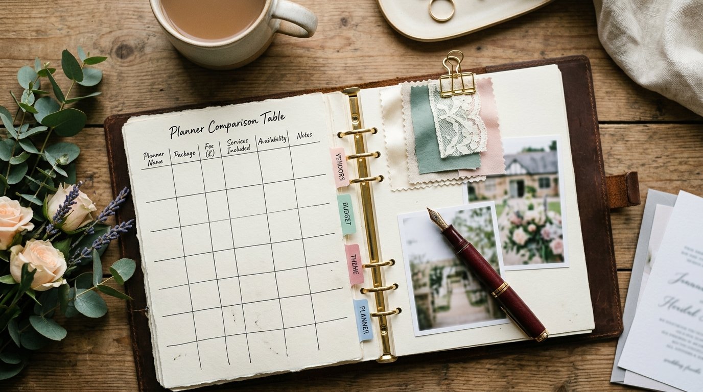 Questions to Ask Your Wedding Planner — Planner comparison table, editorial photography for Weddings Hub