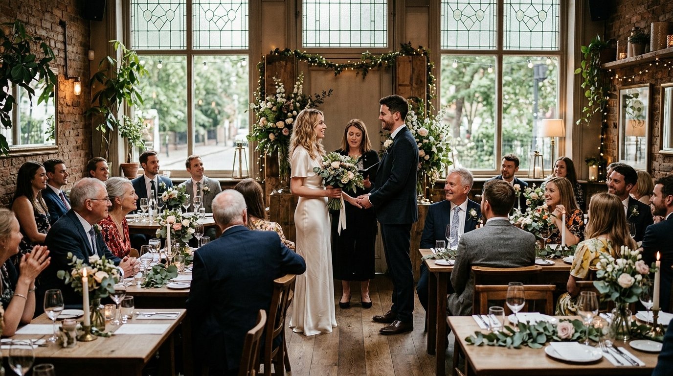 Intimate wedding ceremony inside a restaurant, couple at the front, guests seated at tables, tall windows