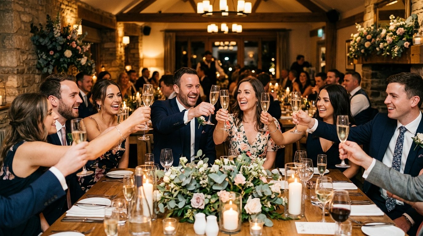 Wedding guests raising champagne glasses in a toast inside a private restaurant dining room, warm candlelight