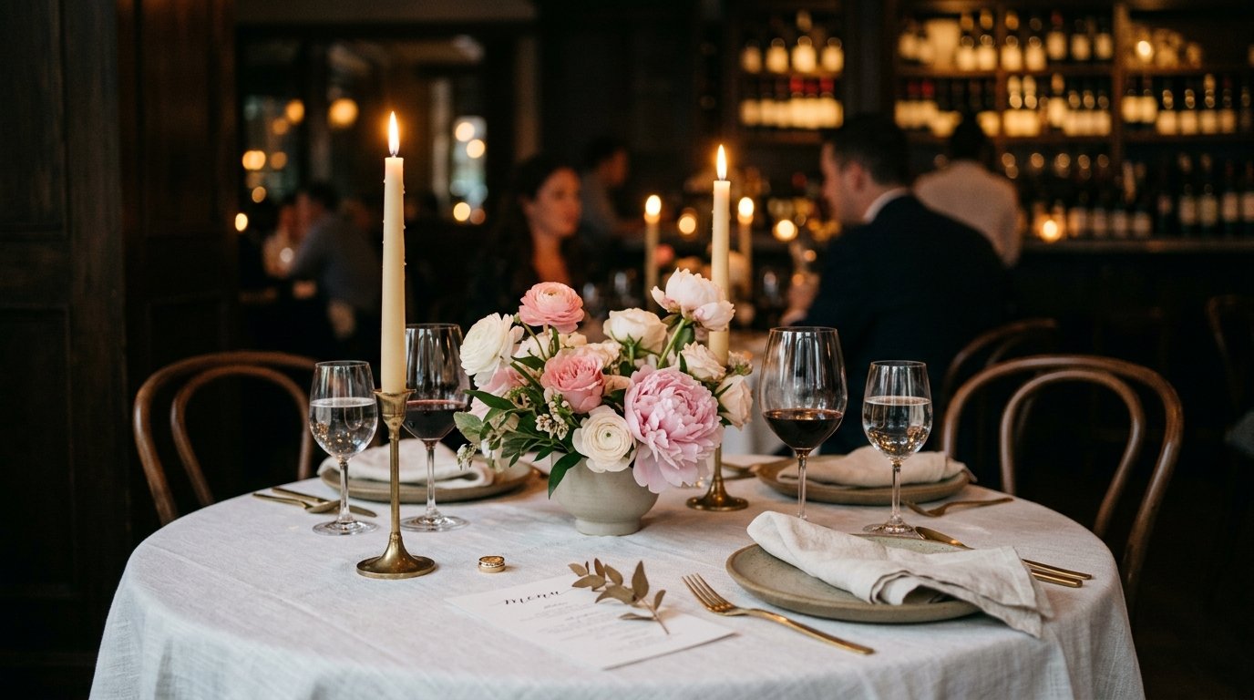 Intimate restaurant wedding table with taper candles, peonies and ranunculus, warm ambient lighting