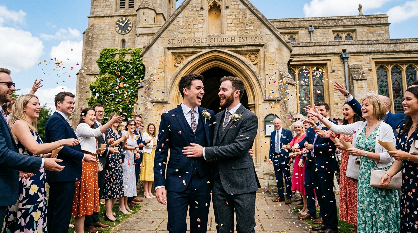 Same-sex couple with confetti being thrown by guests outside the ceremony venue
