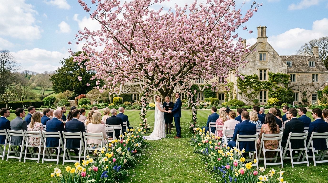 Spring outdoor ceremony under a cherry tree, white chairs on green lawn, daffodils, country house behind