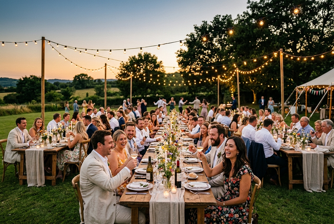 Summer outdoor wedding at dusk, long tables on a lawn, festoon lights, golden hour, guests dining