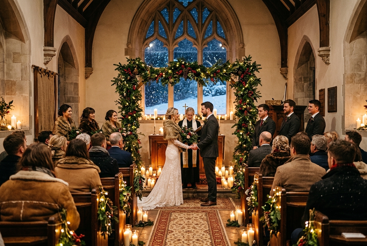 Winter wedding ceremony in a candlelit chapel, warm coats, pine and holly decorations, snow through windows