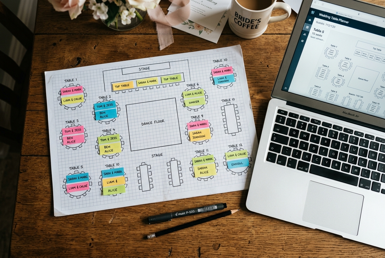 Hand-drawn wedding seating plan sketch on graph paper with coloured sticky notes and a laptop