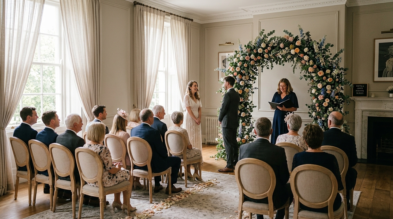 Intimate dining room with a long candlelit table set for 20 guests with low flower arrangements