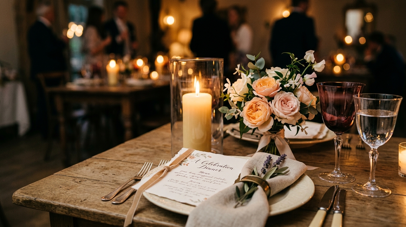Close-up of a candlelit small table with flowers and fine glassware for an intimate wedding