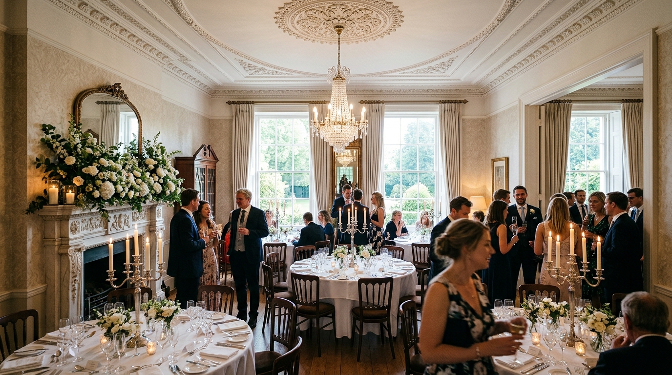 Georgian townhouse reception room with couple and guests in an elegant period setting