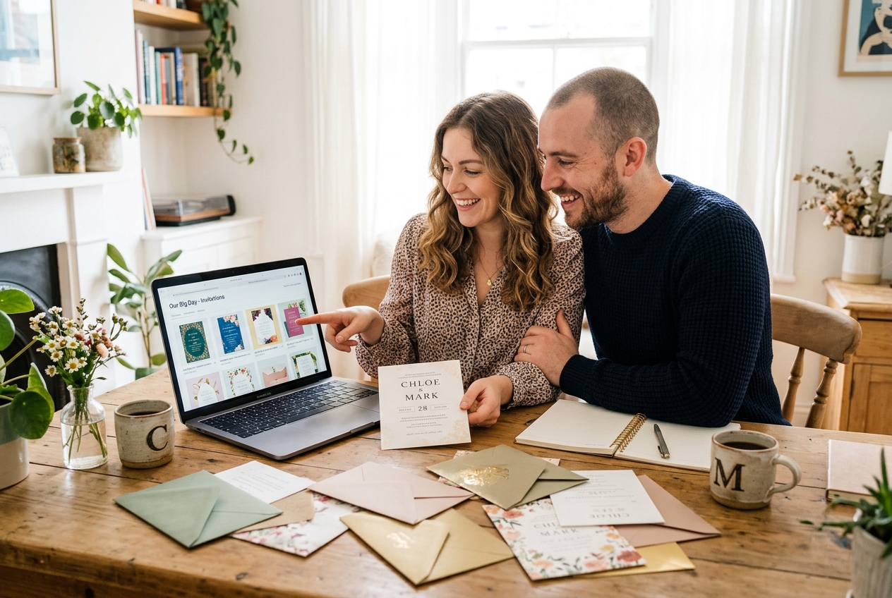 Couple reviewing digital invitation designs on a laptop, printed samples on desk, bright home office