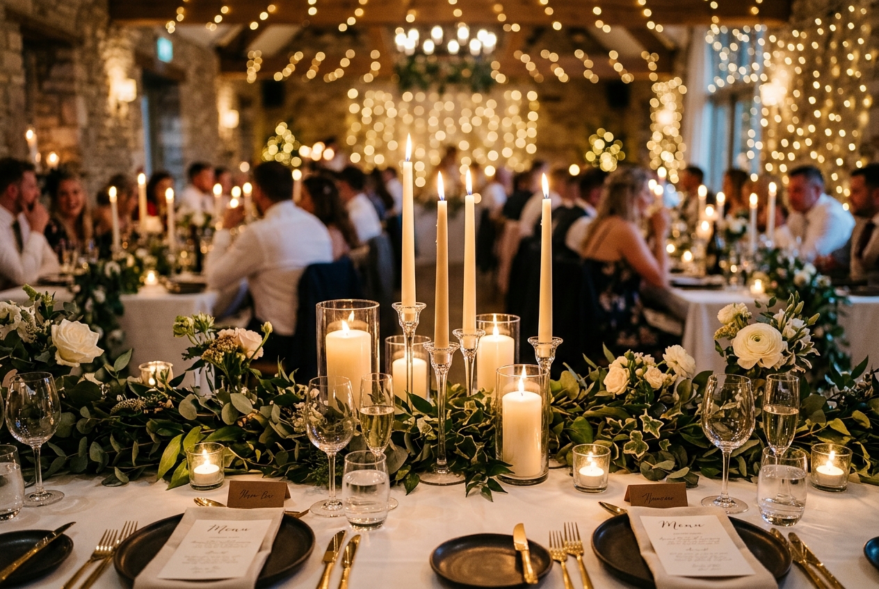 Wedding table with candles of varying heights in glass holders, tea lights among greenery, fairy light bokeh