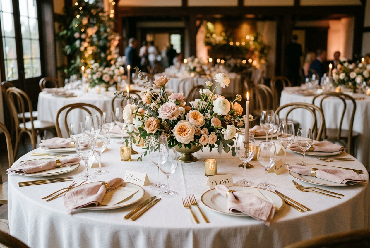 Elegant round table for 10, white linen, blush napkins, low garden rose centrepiece, calligraphy cards