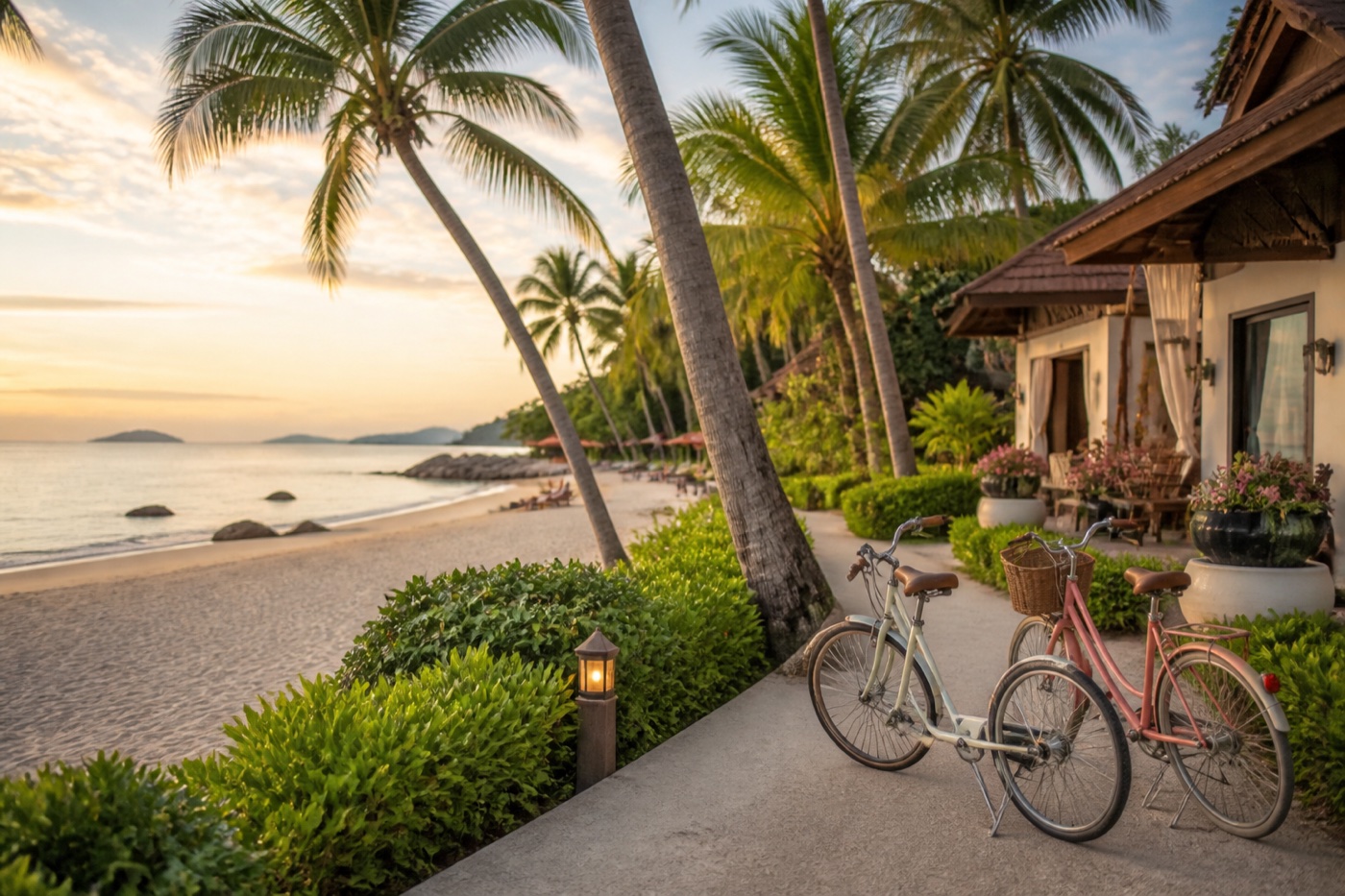 Two bicycles beside a palm-lined boutique resort path on Koh Samui