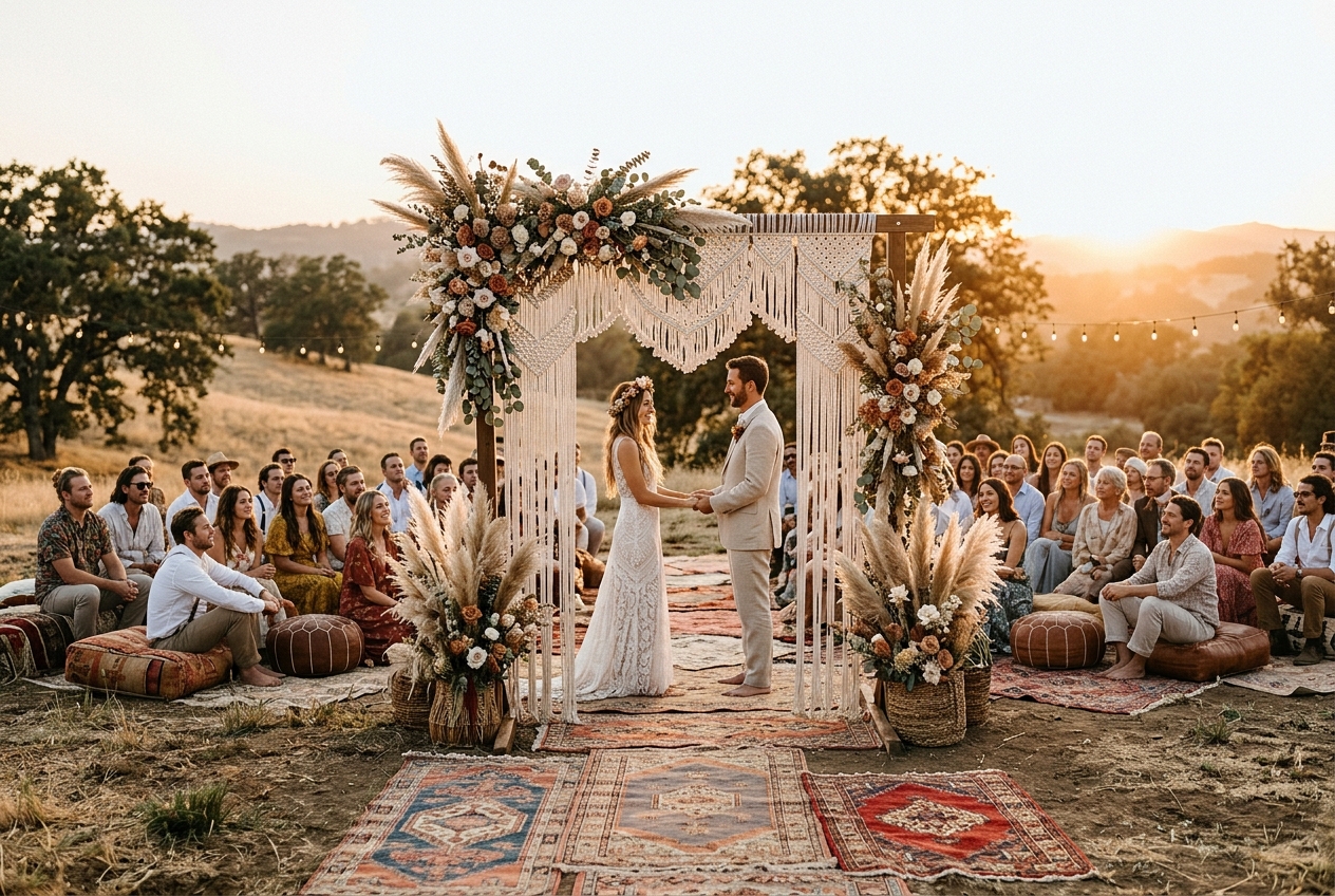 Bohemian outdoor ceremony, macrame arch with dried flowers and pampas grass, vintage rugs, cushions