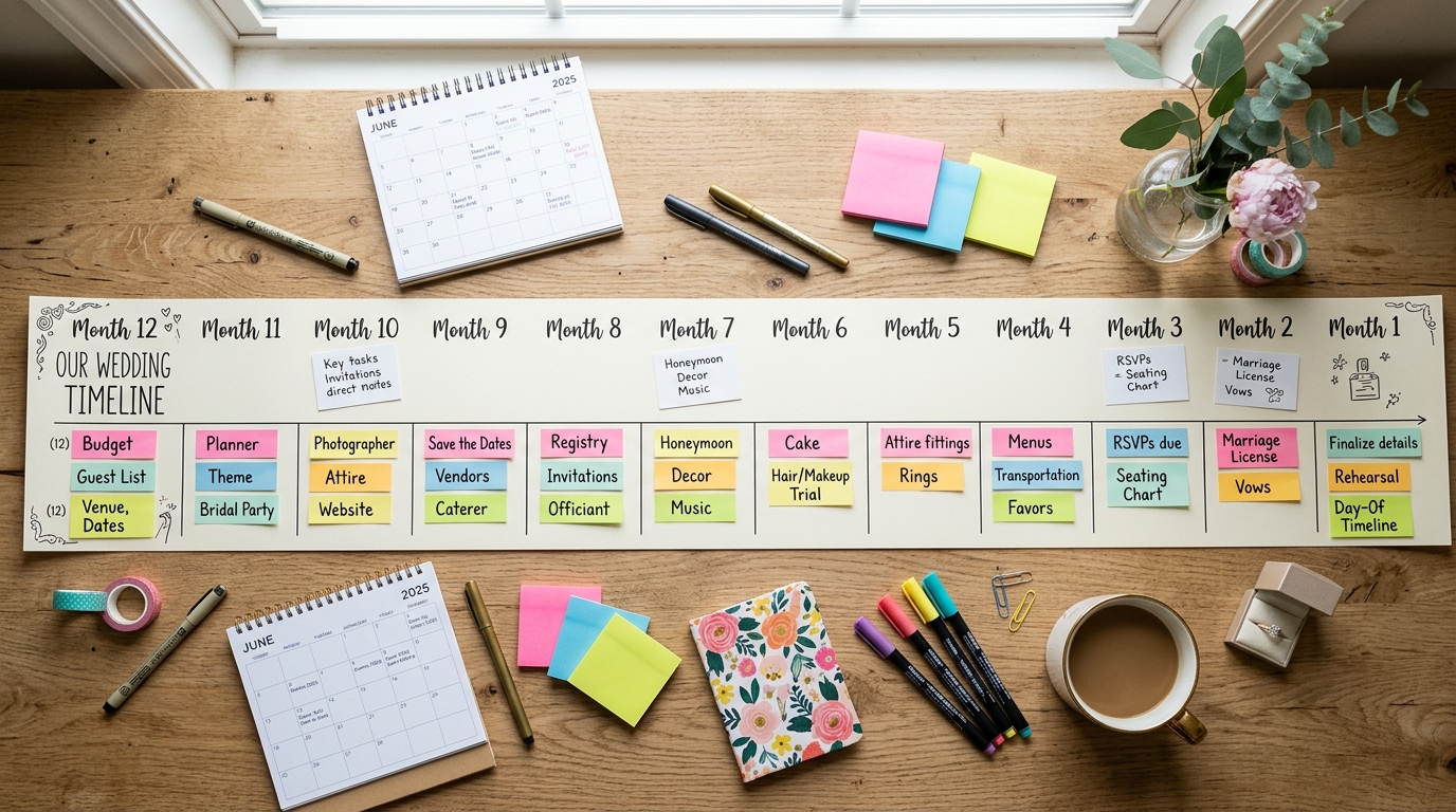 Visual wedding planning timeline on a desk, 12 monthly sections with tasks, colour-coded post-its