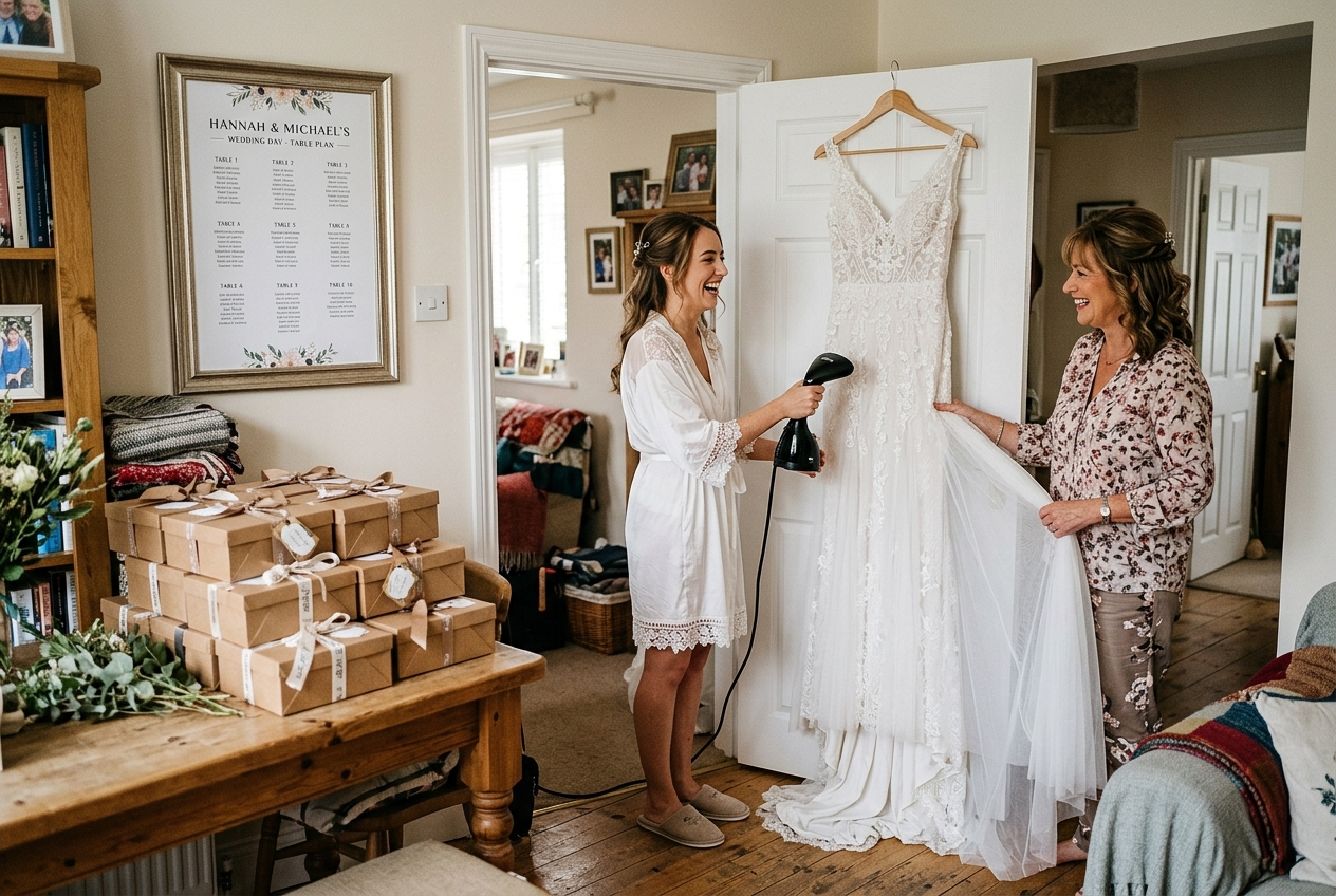 Bride and mother doing final preparations, steaming wedding dress, boxes of favours visible