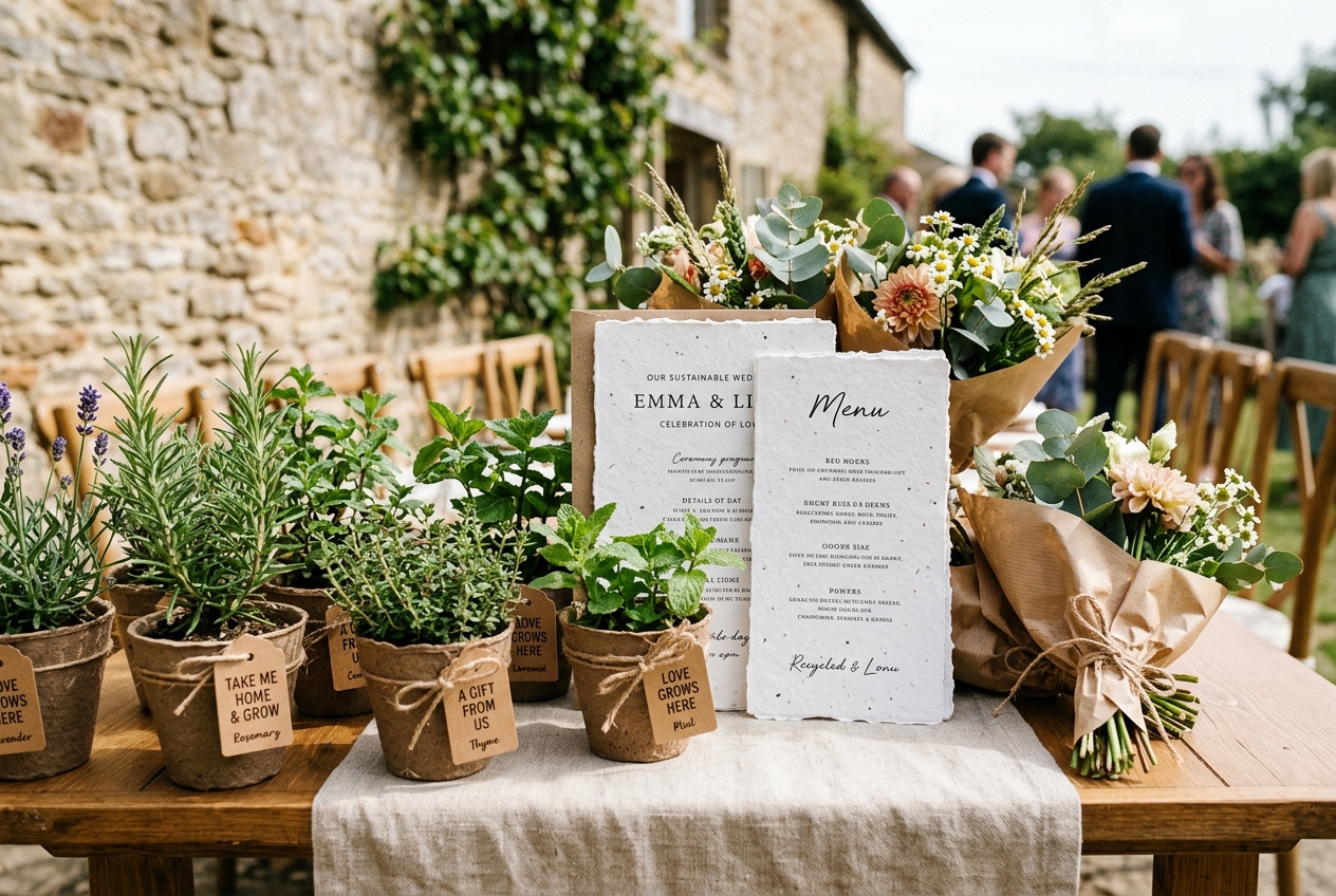 Sustainable wedding details — potted herb favours, recycled stationery, locally sourced flowers